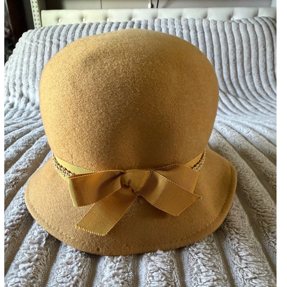 Vintage 1960s Maxine Hats Mustard Yellow Wool Felt Cloche Bowler Hat